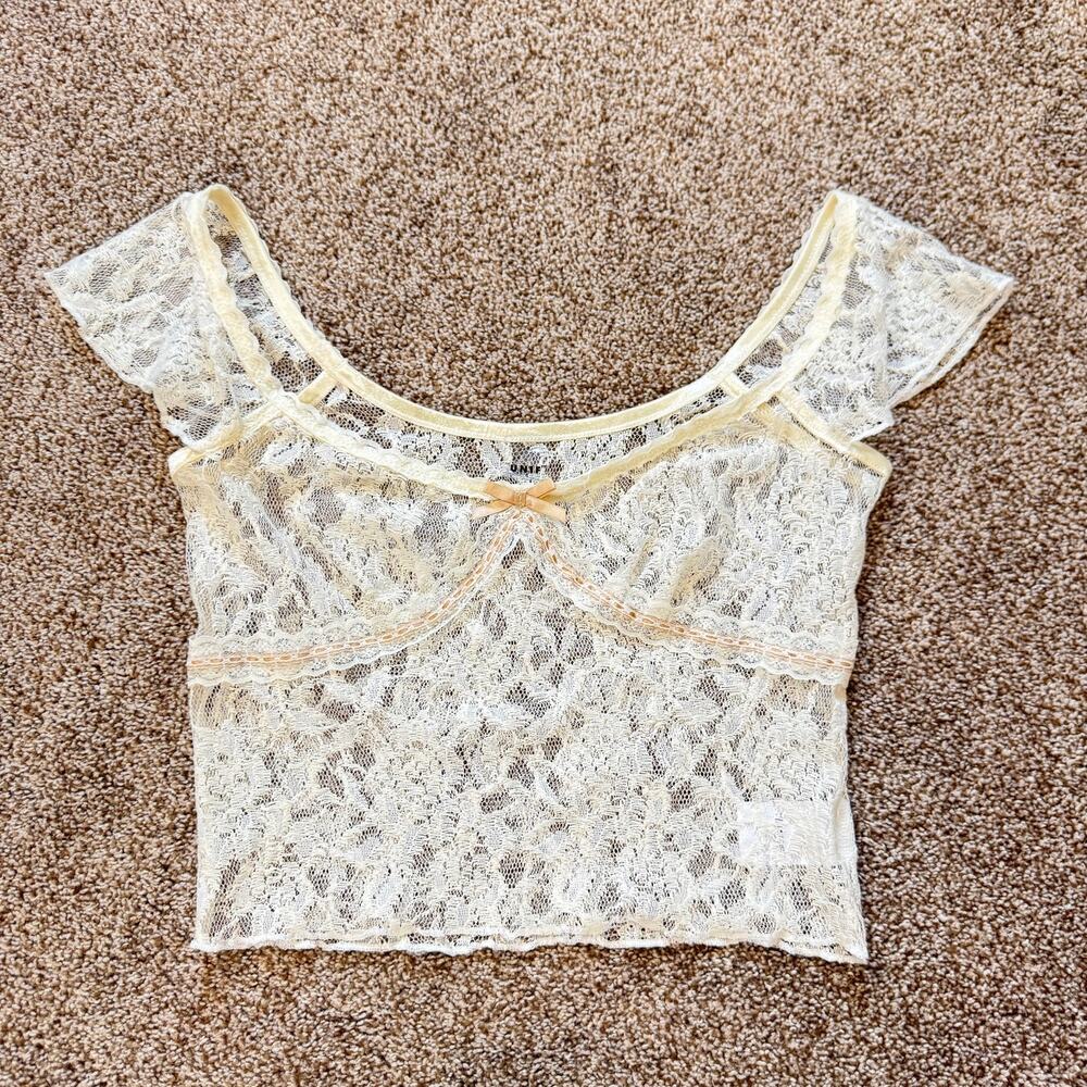UNIF Jess Cropped Baby Doll Sheer Lace Top Size XS Cream Pink Bow Cap Sleeve Y2K